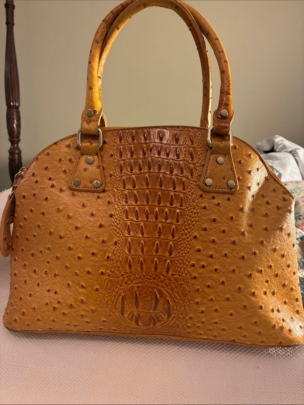 Unbranded Classic Textured Dome Satchel in Cognac Brown-faux ostrich leather